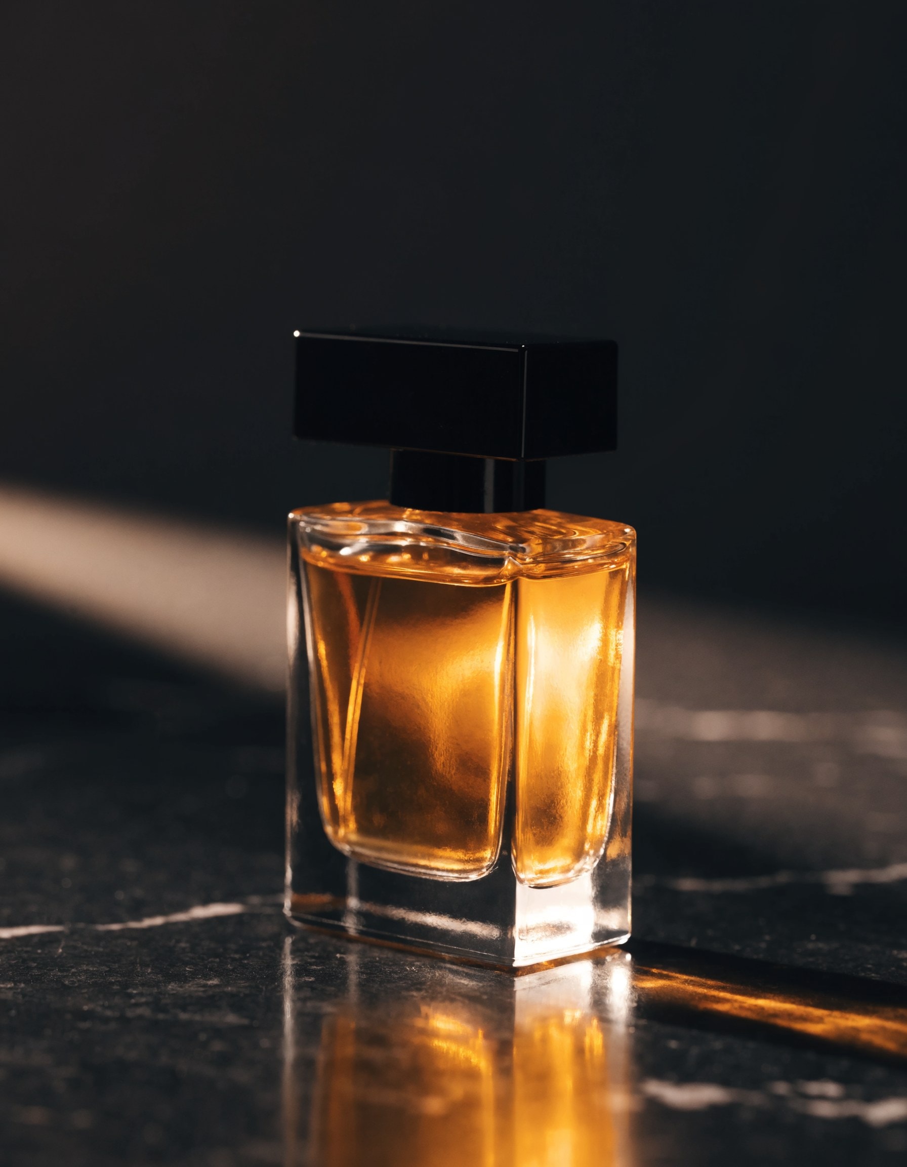 HÉLIA Eau de Parfum — sculpted flacon of luminous solar gold scent, lit warm on dark stone.