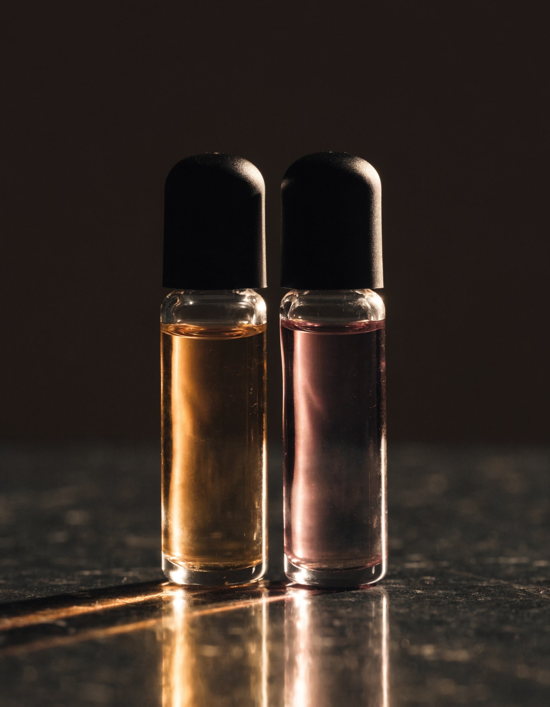 The Duo — two 2ml vials of amber and rose-toned scent standing on dark stone, lit from the side.