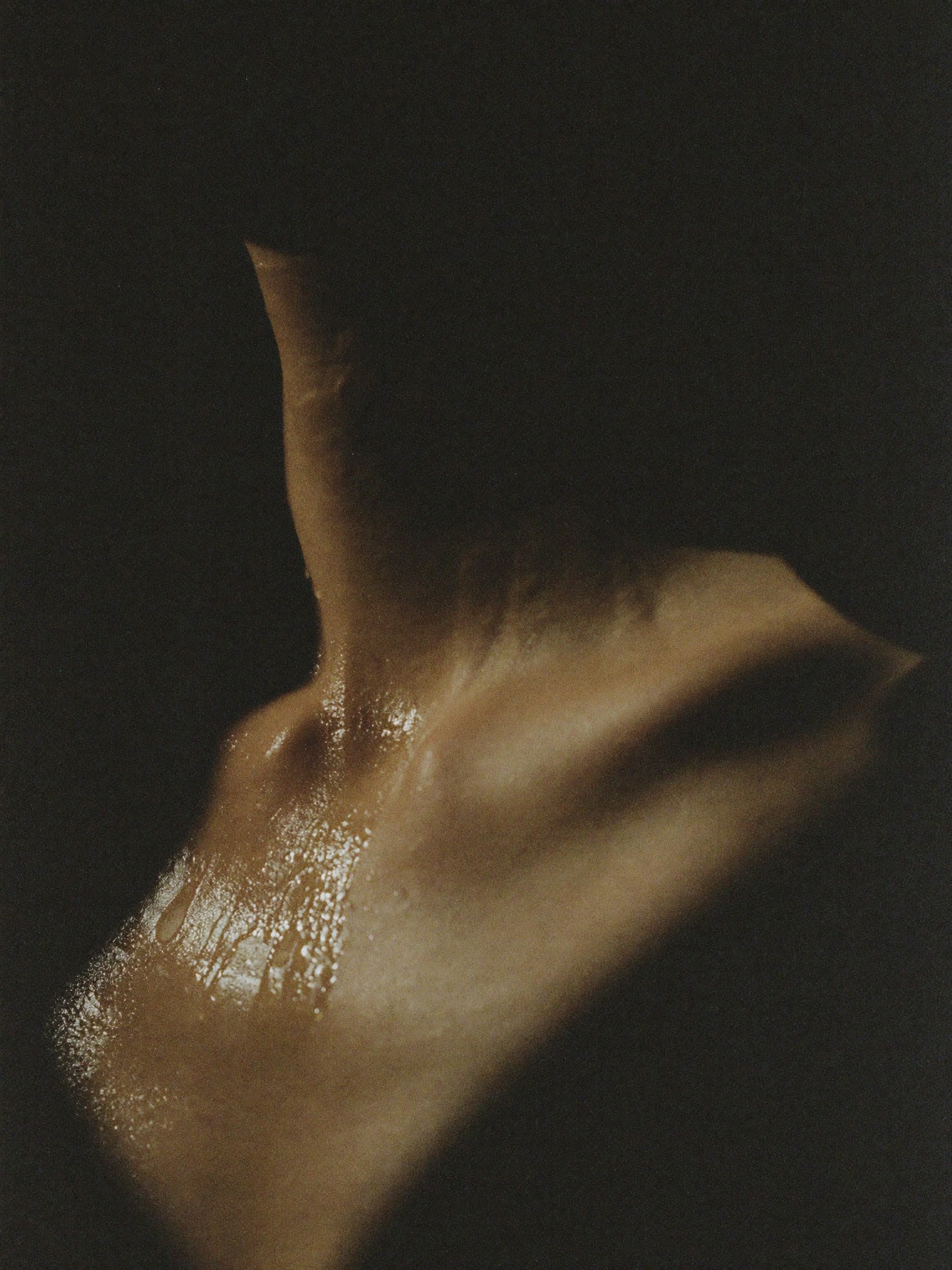Macro skin study — gold light tracing the curve of a collarbone.